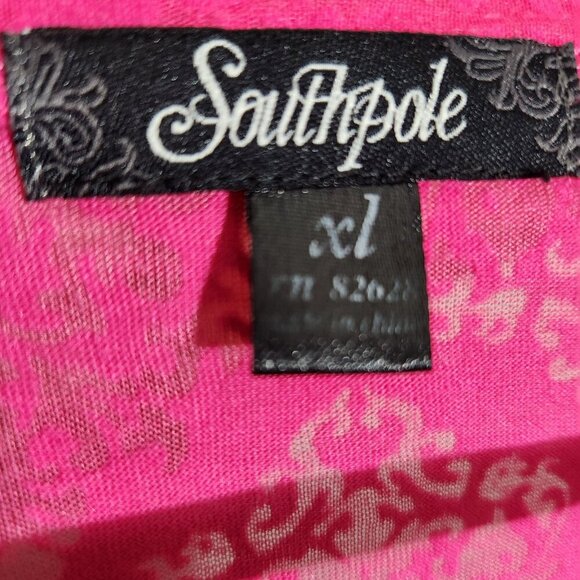 Southpole Shirt Womens XL Pink Lace Sheer Graphic Rhinestone Short Sleeve Top - Picture 9 of 16